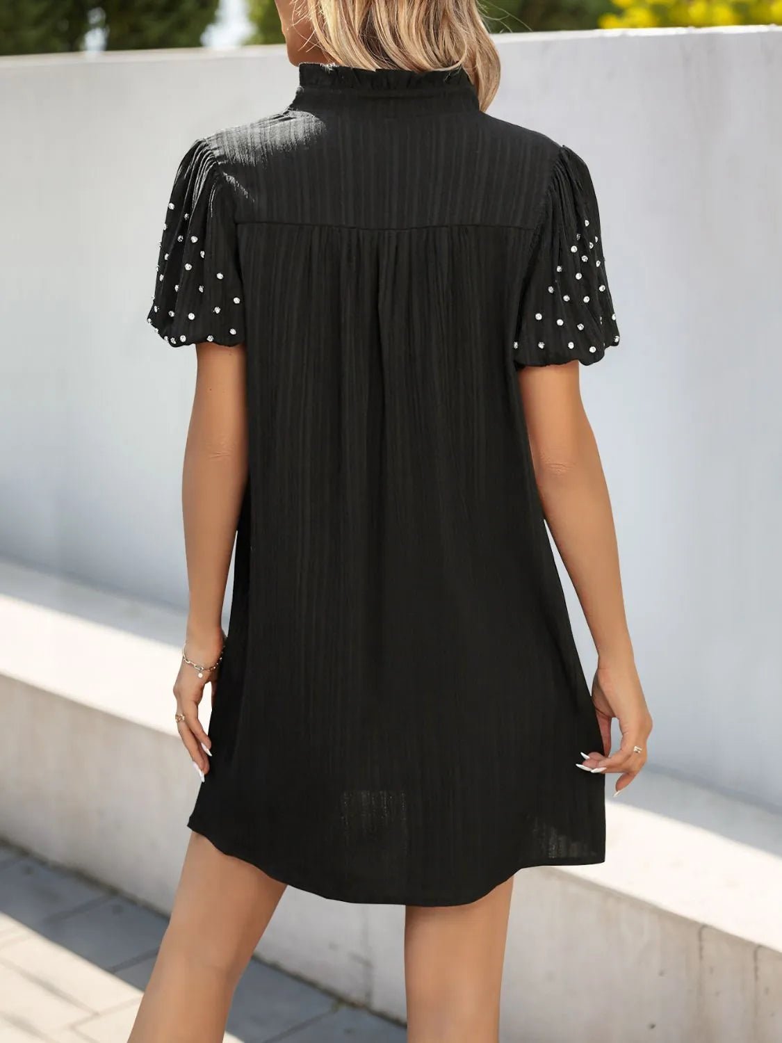 Textured V - Neck Short Sleeve Mini Dress