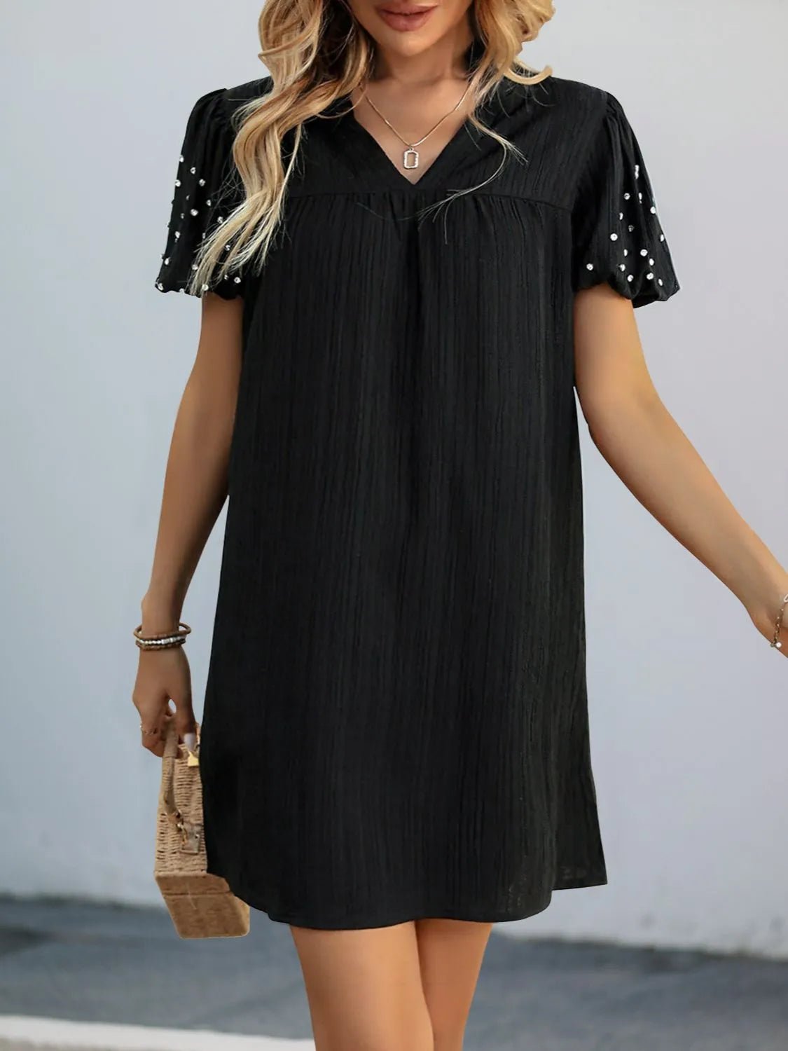 Textured V - Neck Short Sleeve Mini Dress