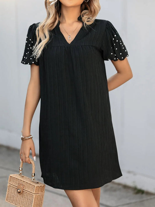 Textured V - Neck Short Sleeve Mini Dress
