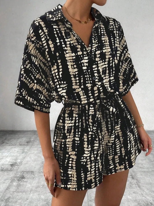 Tie Dye Print Collar Neck Short Sleeve Romper