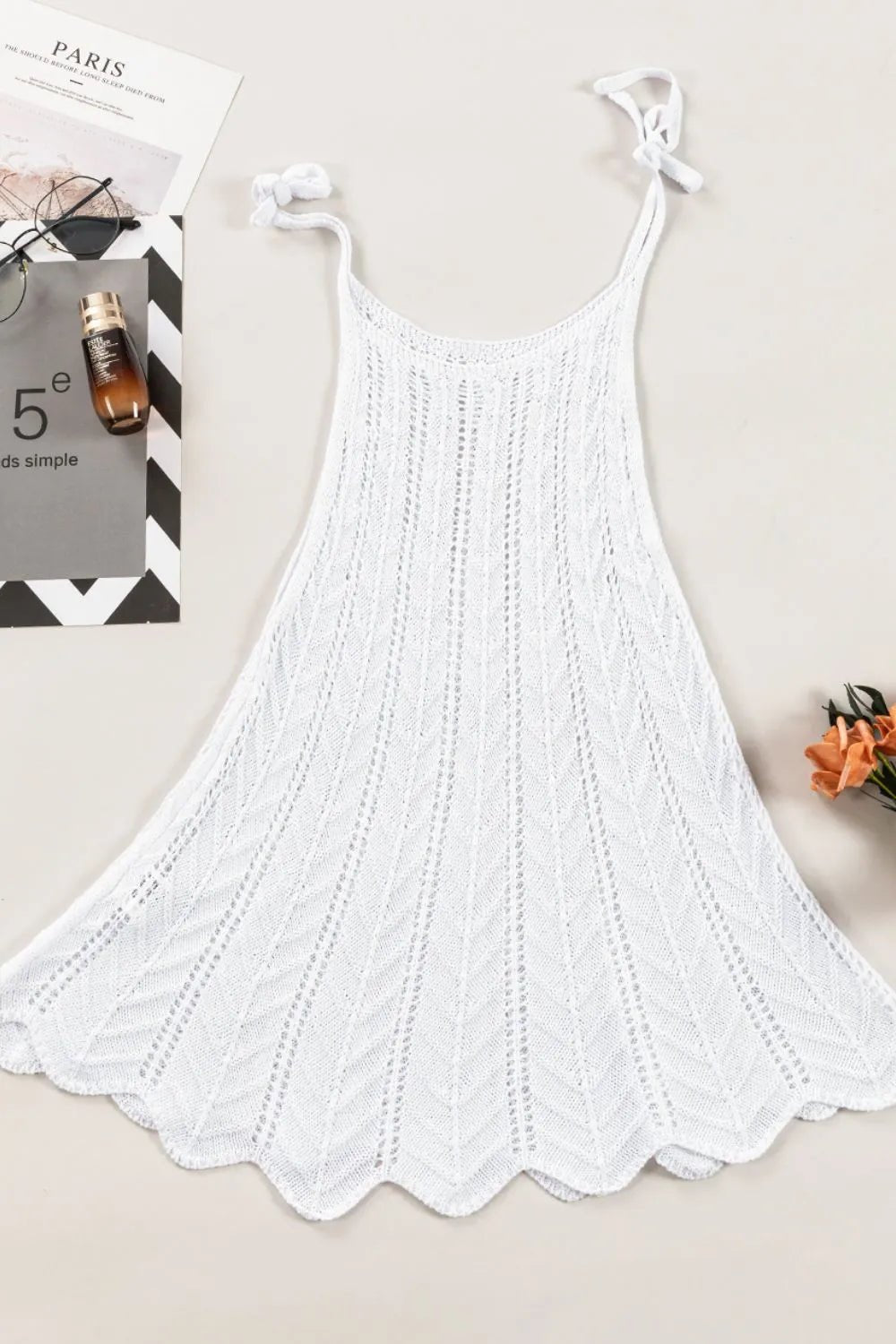 Tie Straps Wave Stripes Textured Eyelet Knitted Vest