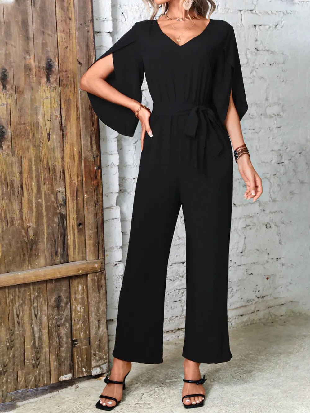 Tied V - Neck Half Sleeve Wide Leg Jumpsuit