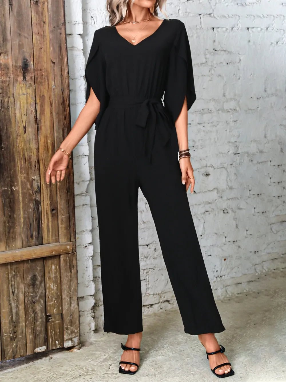 Tied V - Neck Half Sleeve Wide Leg Jumpsuit