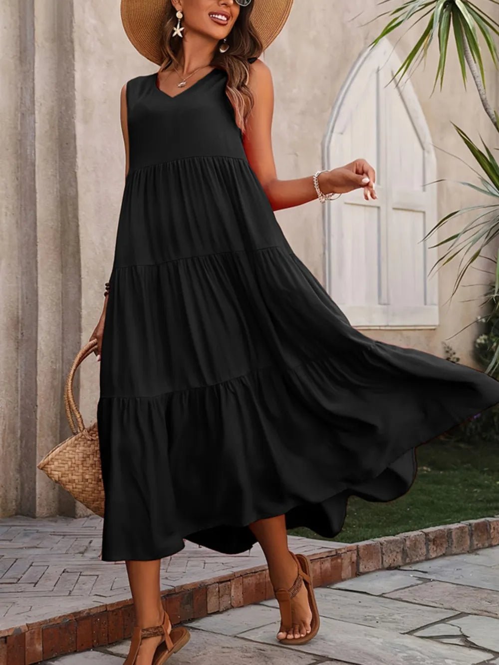 Tiered V - Neck Sleeveless Dress