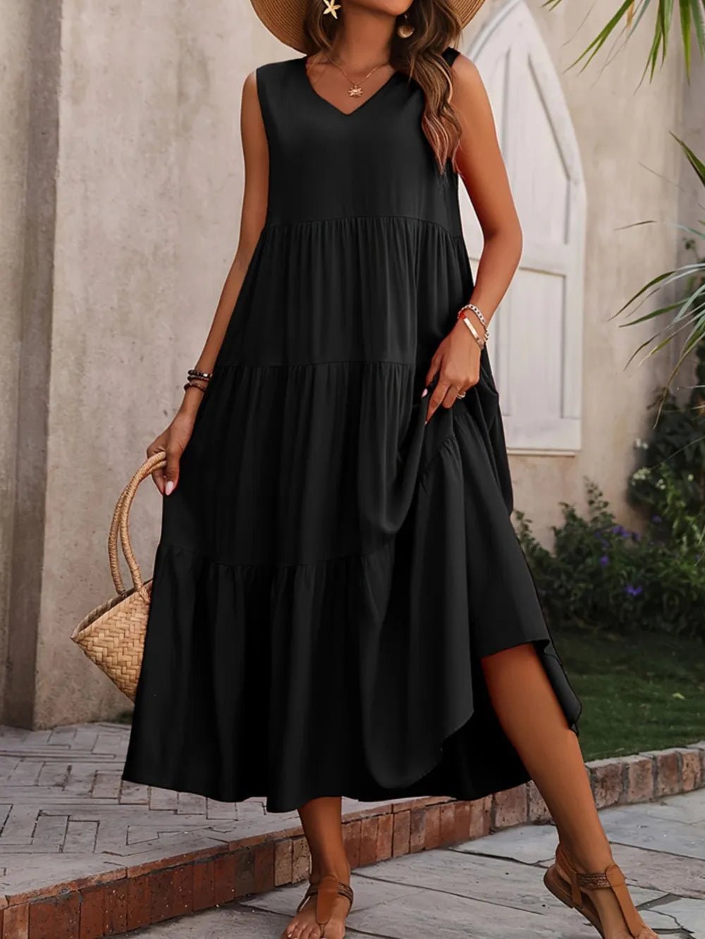 Tiered V - Neck Sleeveless Dress