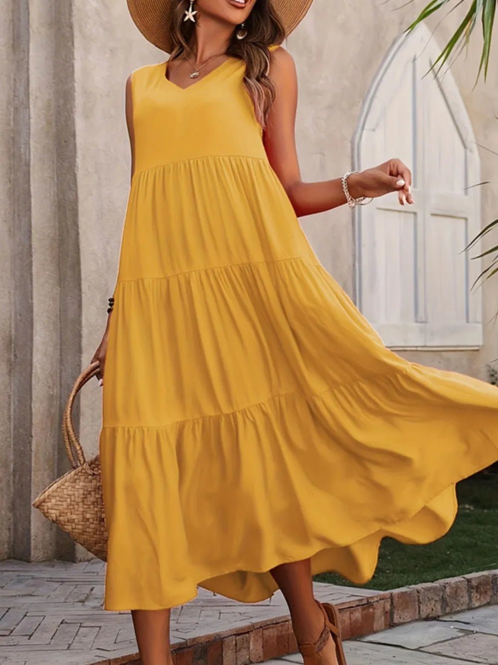 Tiered V - Neck Sleeveless Dress