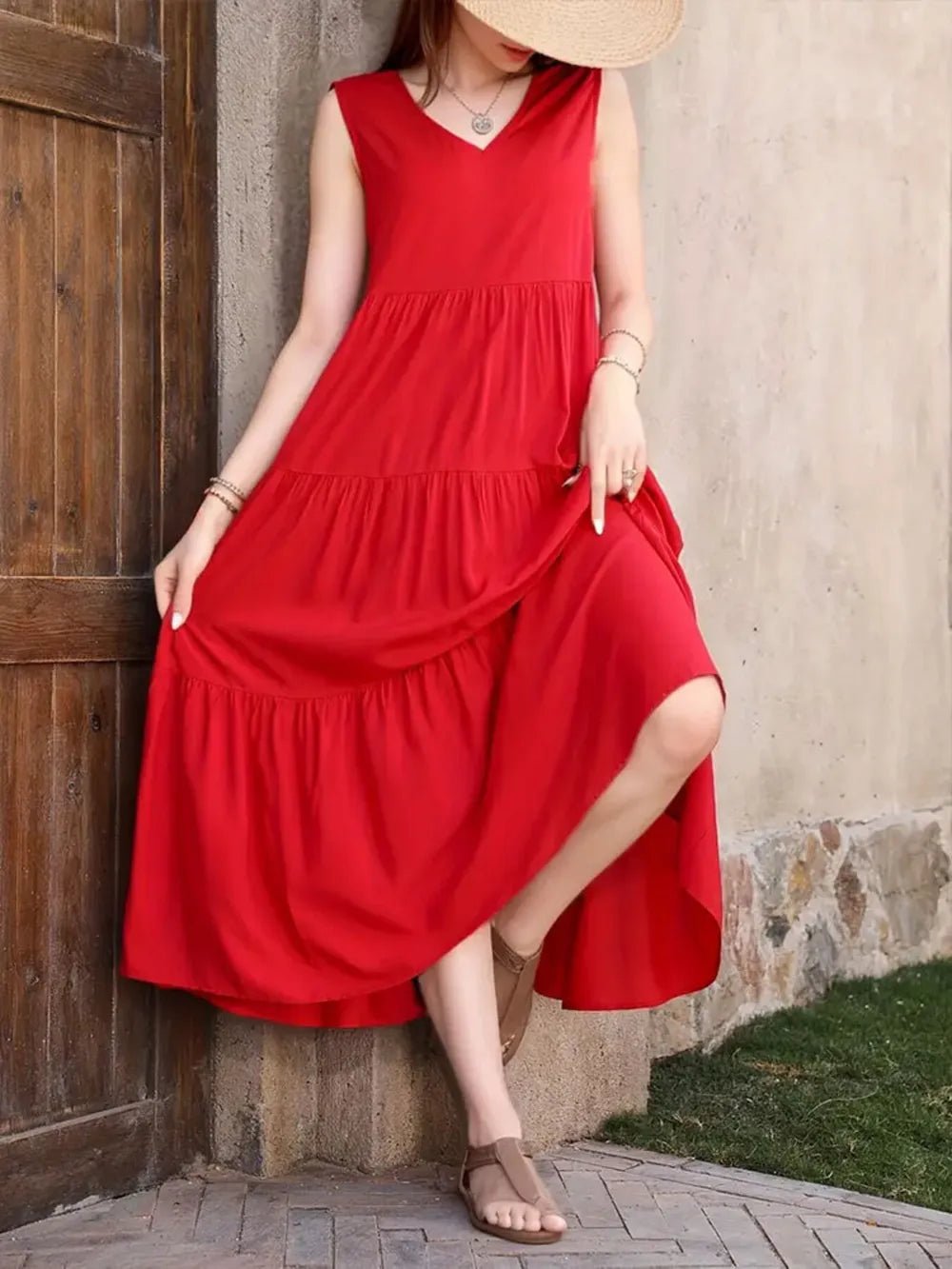 Tiered V - Neck Sleeveless Dress