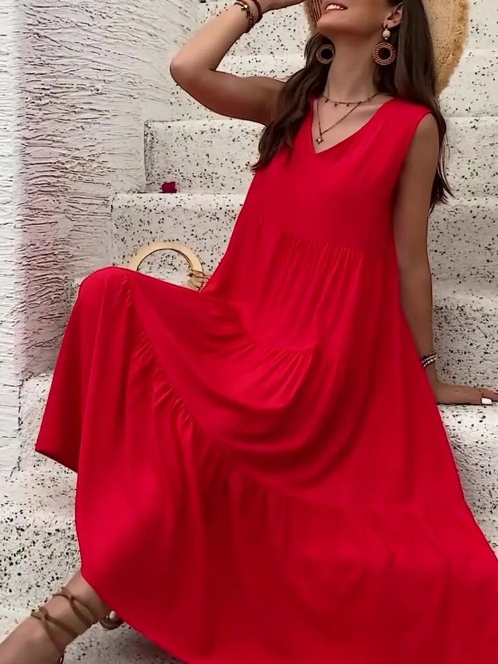 Tiered V - Neck Sleeveless Dress
