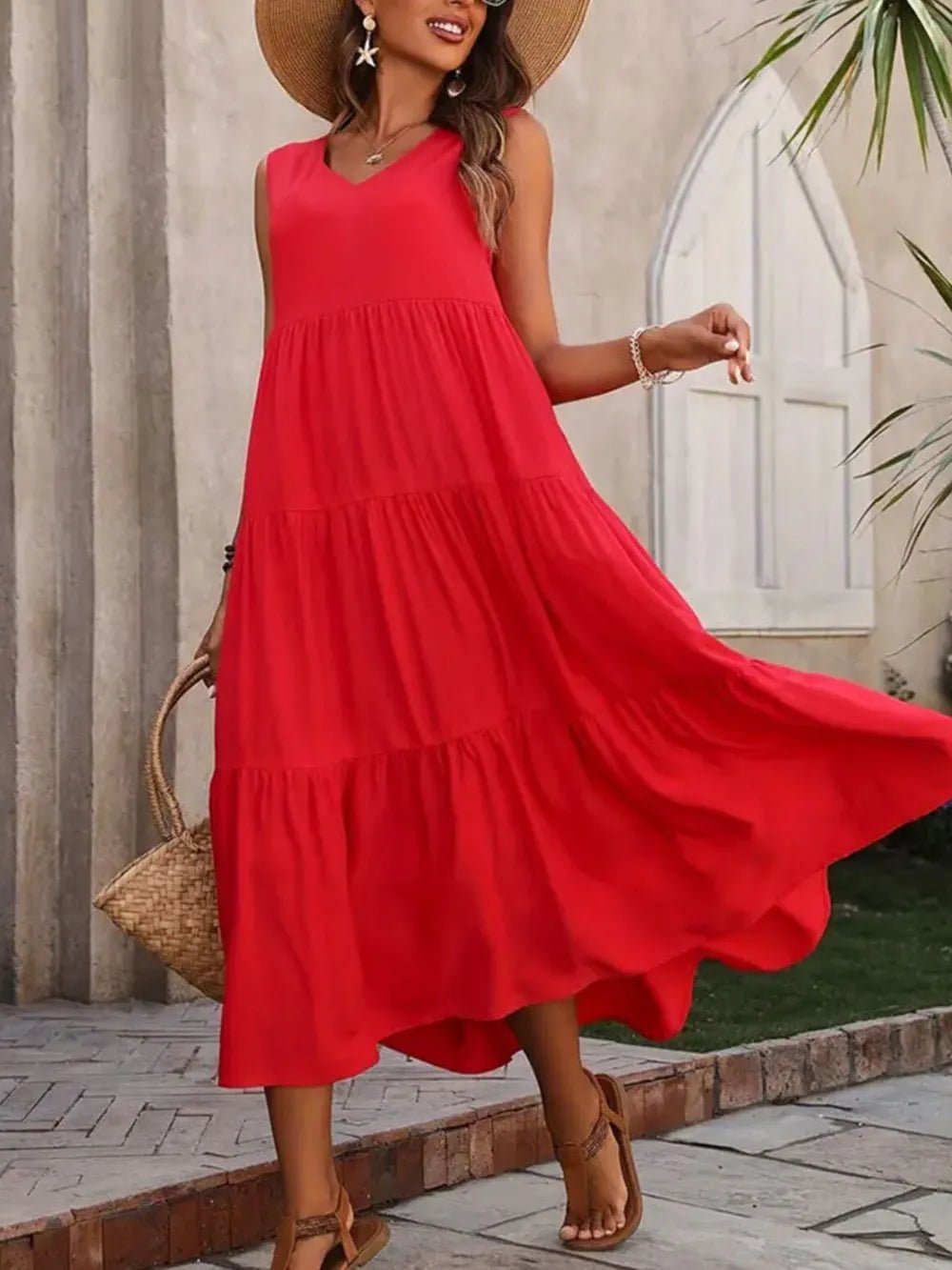 Tiered V - Neck Sleeveless Dress