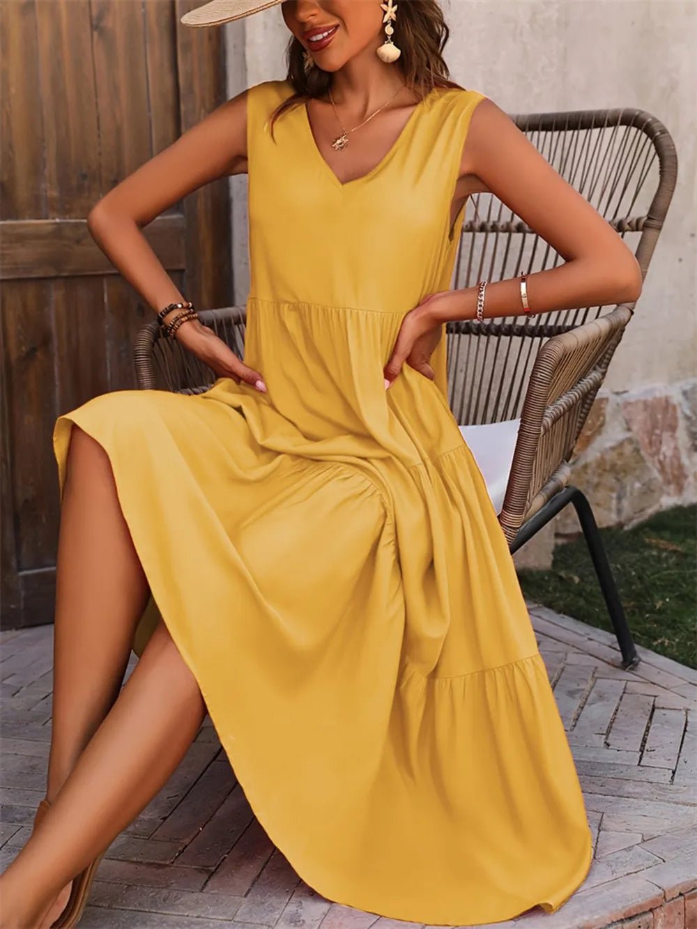 Tiered V - Neck Sleeveless Dress