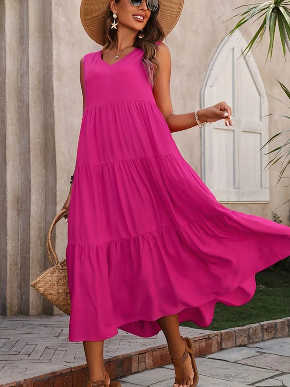 Tiered V - Neck Sleeveless Dress