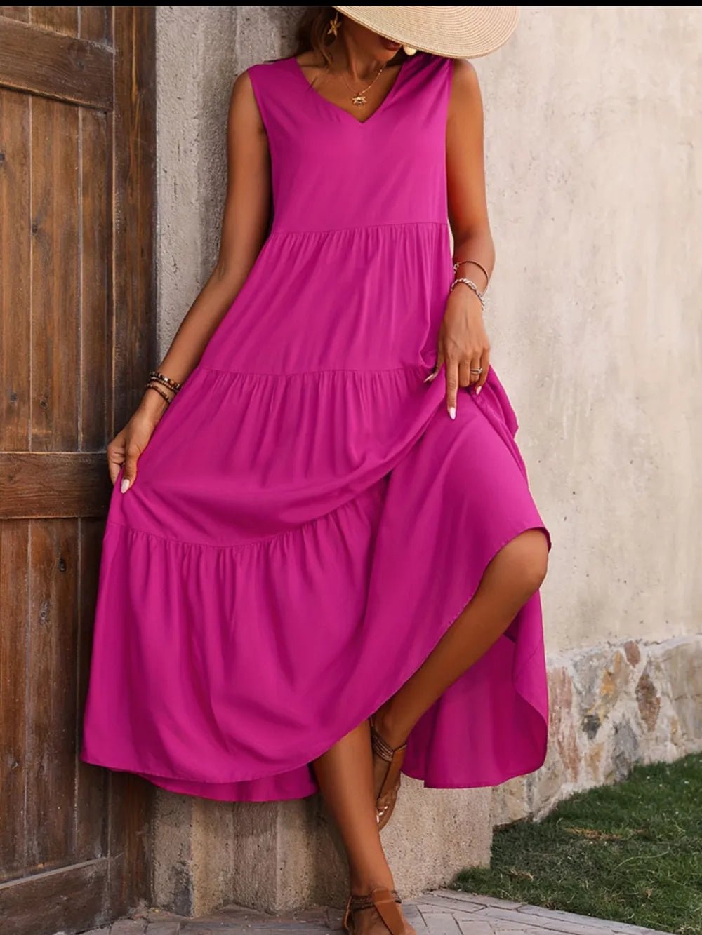 Tiered V - Neck Sleeveless Dress