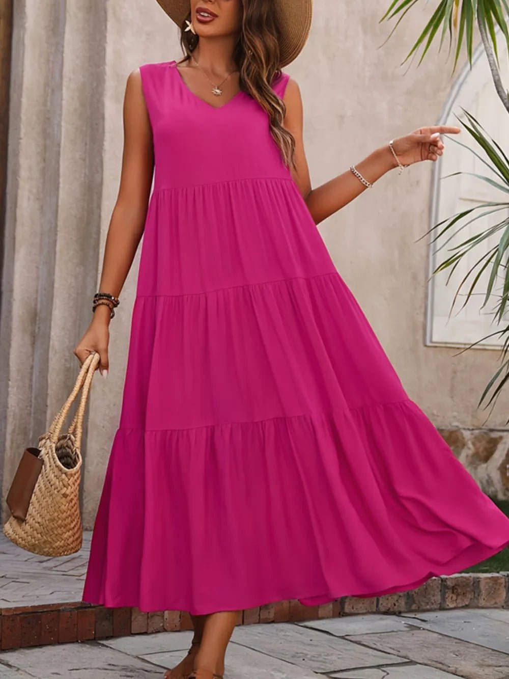 Tiered V - Neck Sleeveless Dress