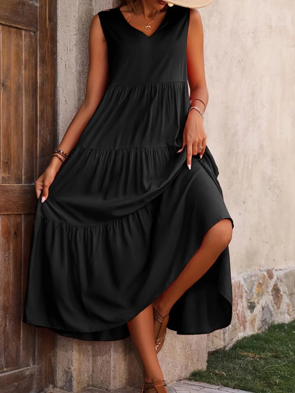 Tiered V - Neck Sleeveless Dress