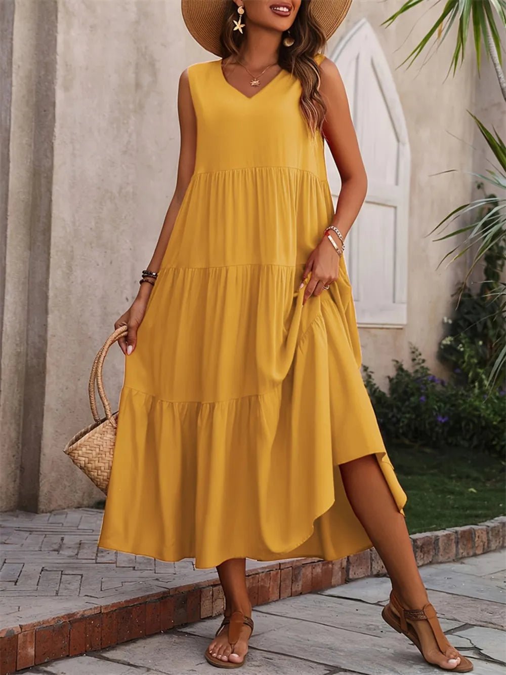 Tiered V - Neck Sleeveless Dress