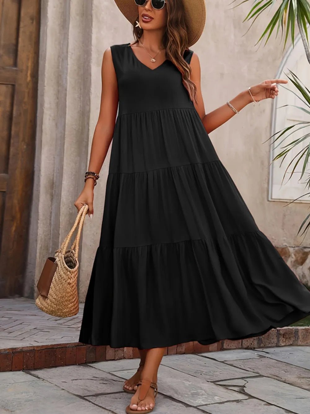 Tiered V - Neck Sleeveless Dress