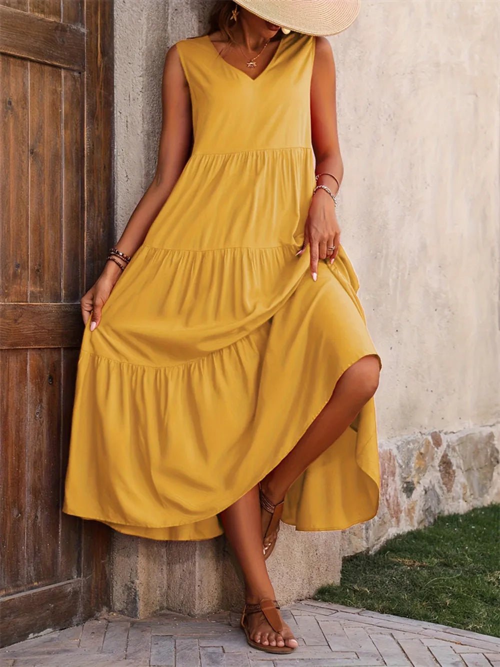Tiered V - Neck Sleeveless Dress