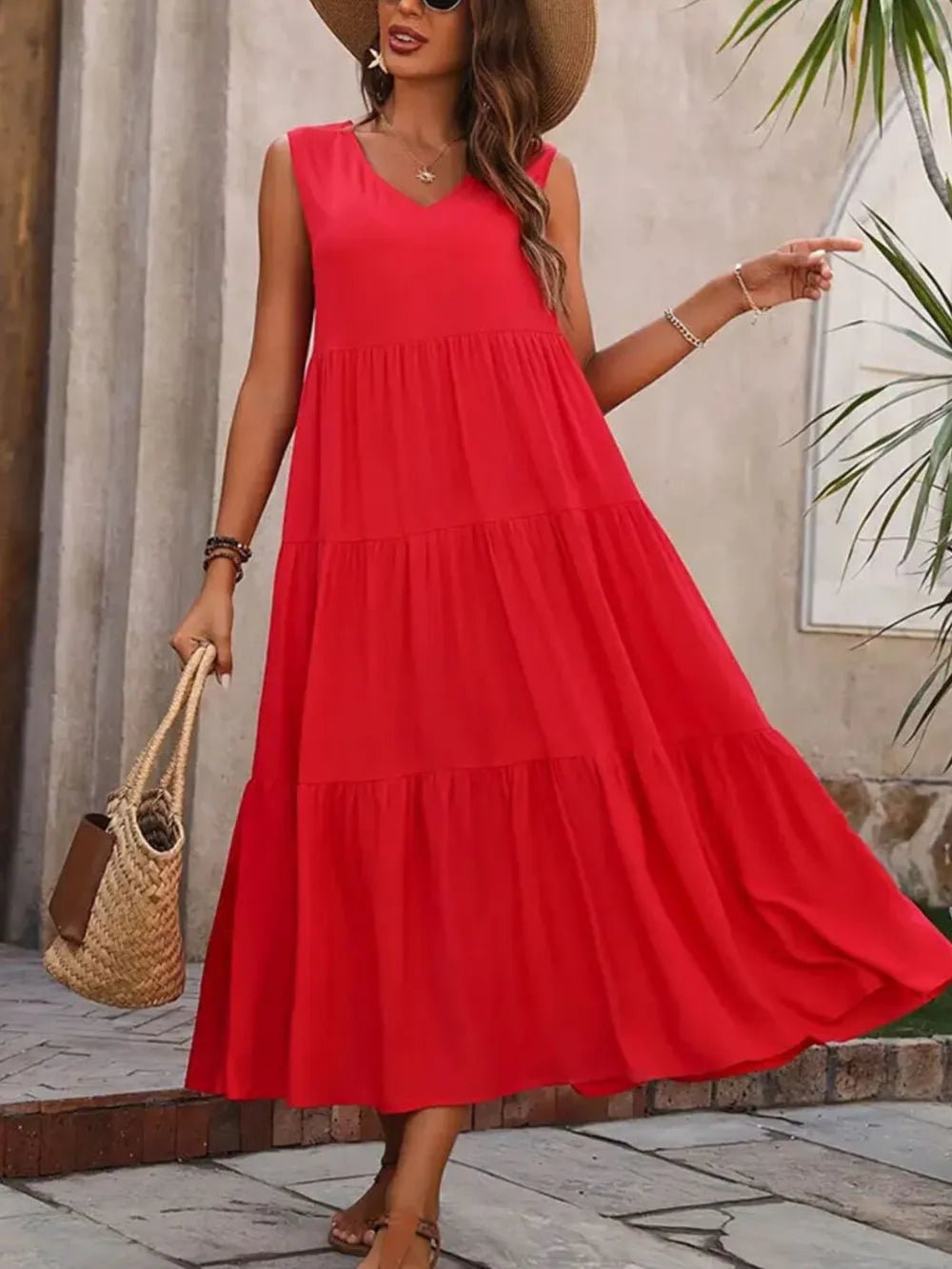 Tiered V - Neck Sleeveless Dress