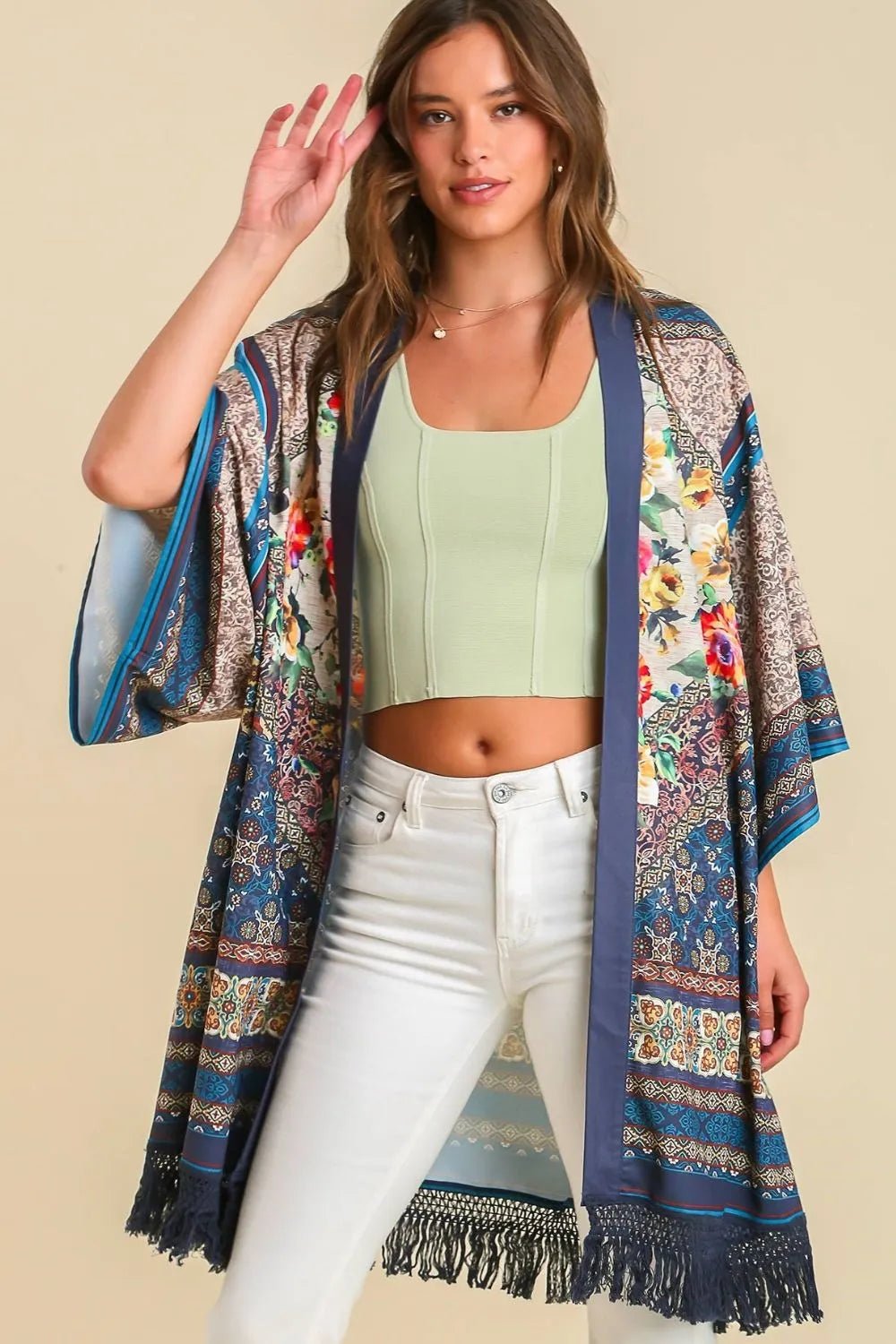 Umgee Full Size Fringe Hem Open Front Printed Kimono Sleeve Cover - Up Plus Size