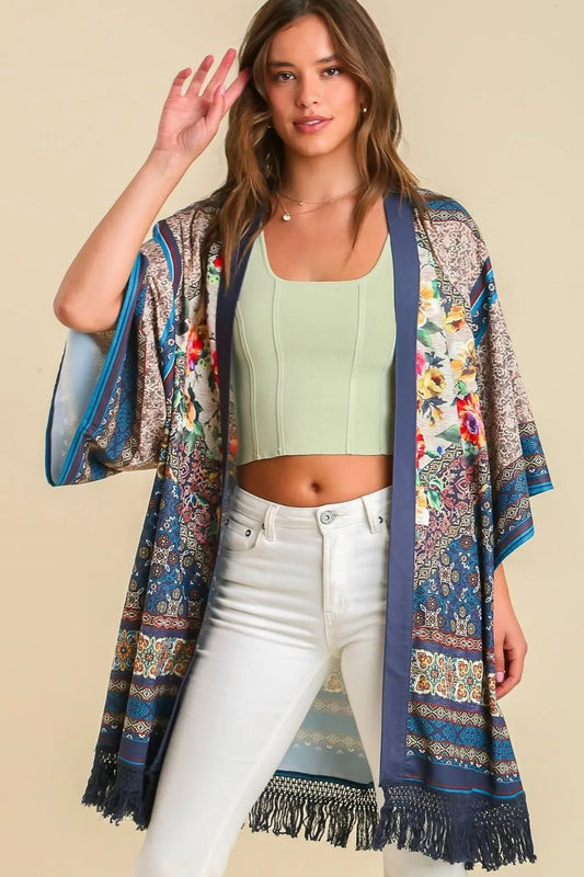 Umgee Full Size Fringe Hem Open Front Printed Kimono Sleeve Cover - Up Plus Size