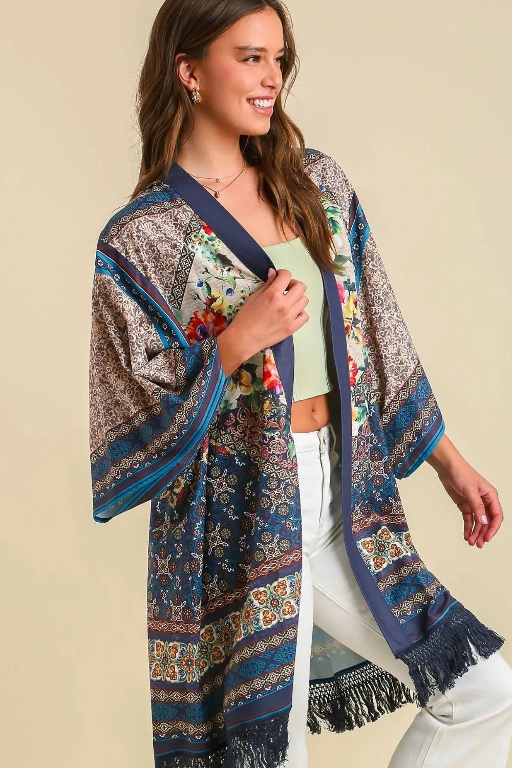 Umgee Full Size Fringe Hem Open Front Printed Kimono Sleeve Cover - Up Plus Size