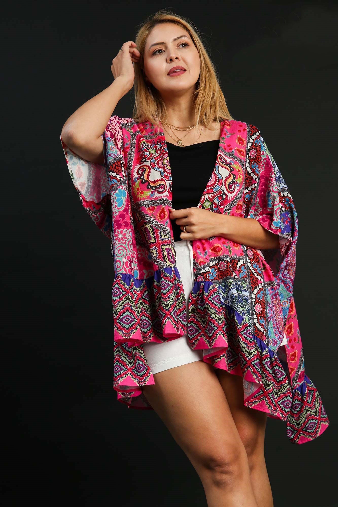 Umgee Full Size Mixed Print Ruffle Hem Open Front Cover Up Plus Size - Classique Collection