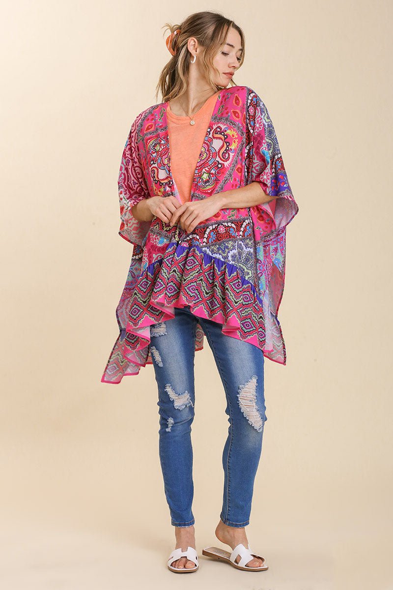 Umgee Full Size Mixed Print Ruffle Hem Open Front Cover Up Plus Size - Classique Collection
