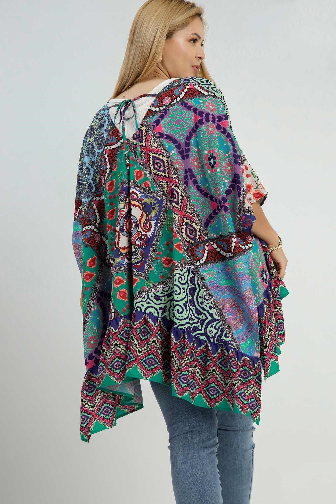 Umgee Full Size Mixed Print Ruffle Hem Open Front Cover Up Plus Size