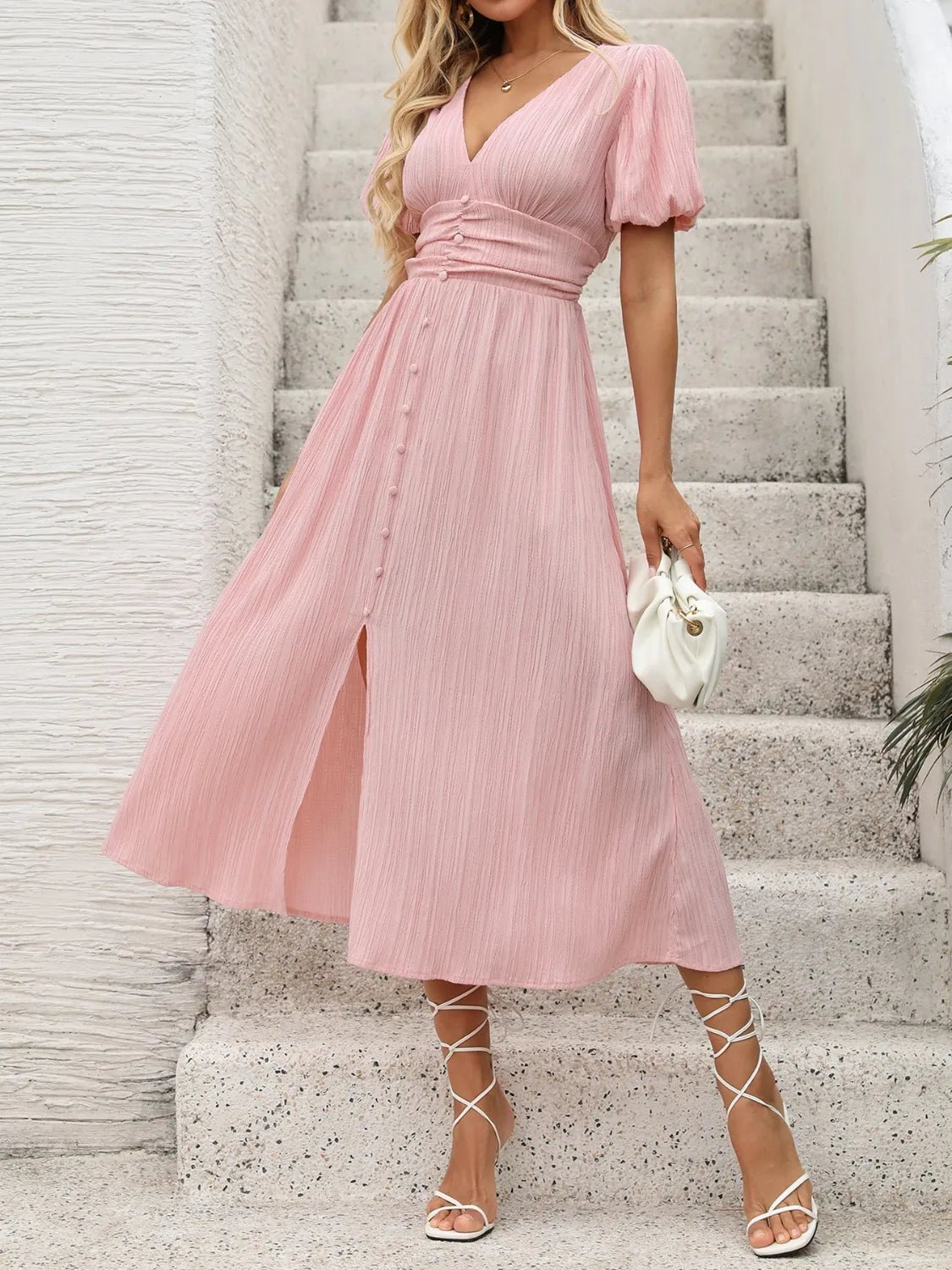V - Neck Puff Sleeve Dress