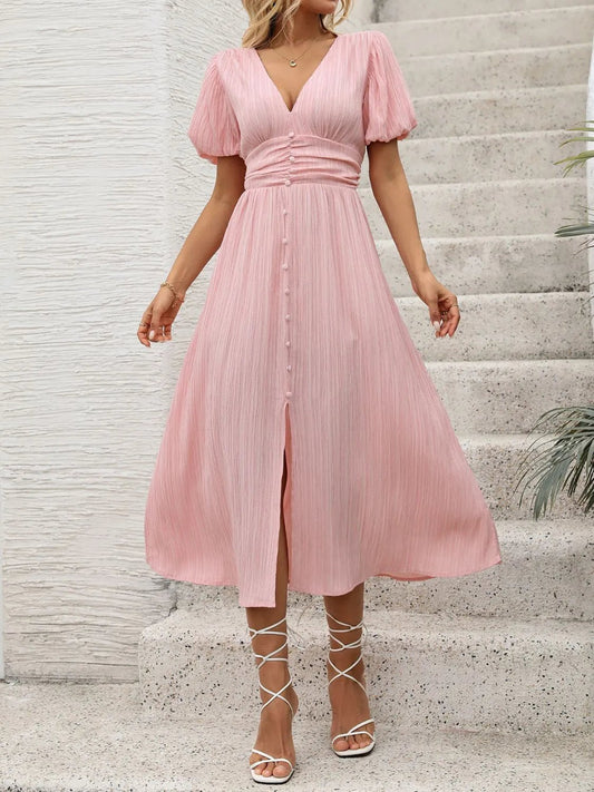 V - Neck Puff Sleeve Dress