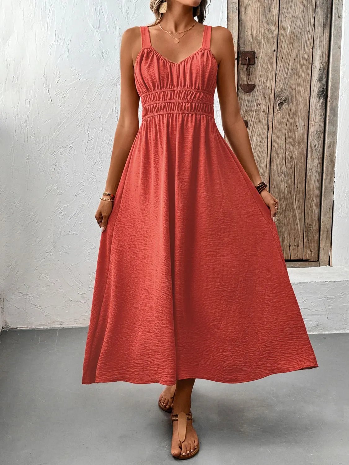 V - Neck Wide Strap Midi Cami Dress
