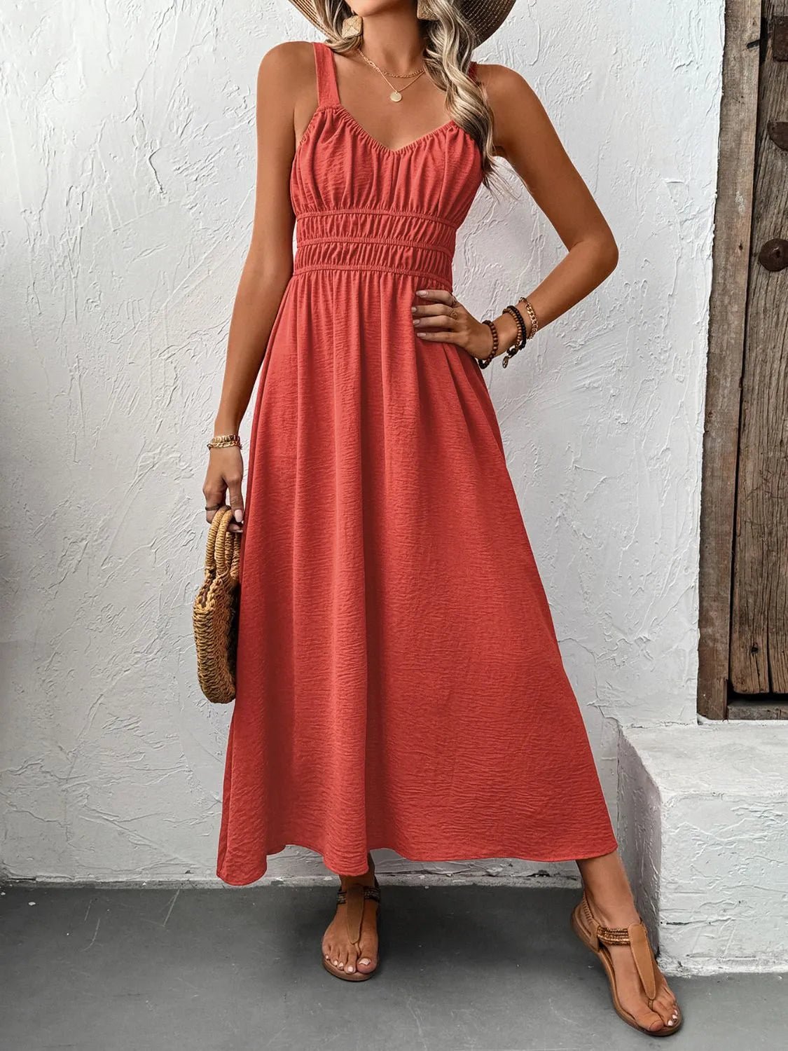 V - Neck Wide Strap Midi Cami Dress