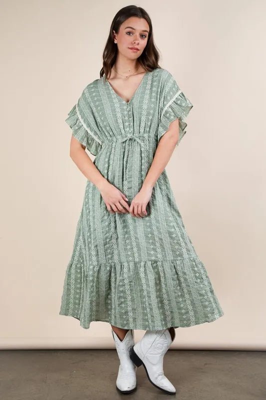VERY J Embroidered Boho Ruffled Midi Dress