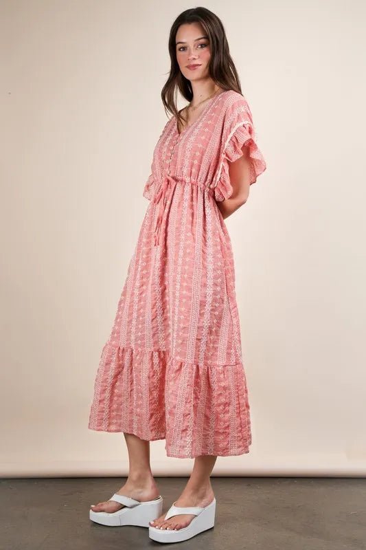 VERY J Embroidered Boho Ruffled Midi Dress