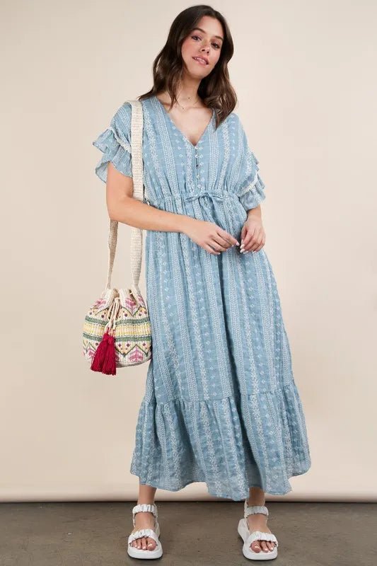 VERY J Embroidered Boho Ruffled Midi Dress