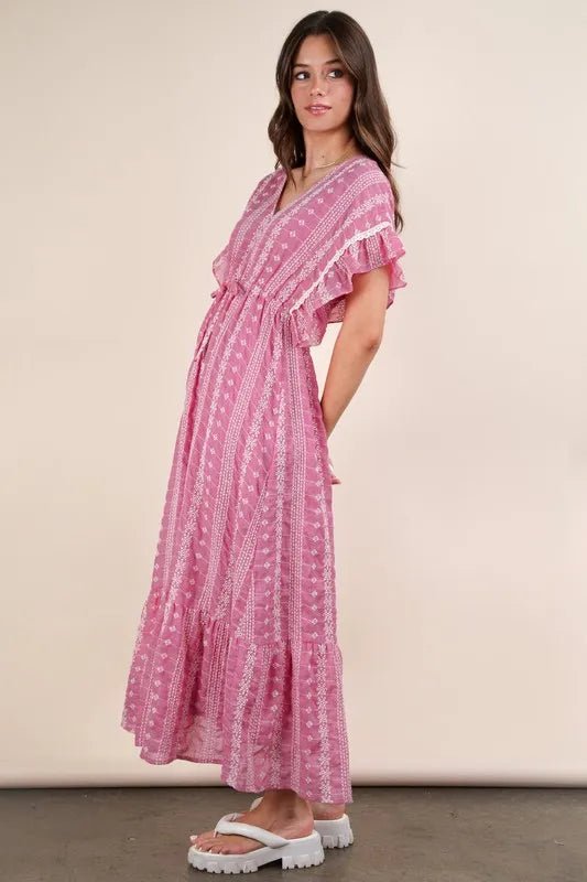 VERY J Embroidered Boho Ruffled Midi Dress