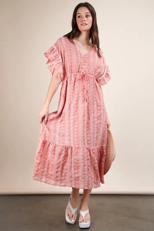 VERY J Embroidered Boho Ruffled Midi Dress