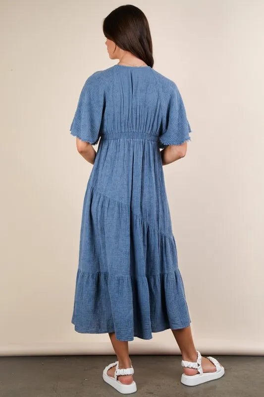 VERY J Mineral Washed Elastic Neck Detail Midi Dress