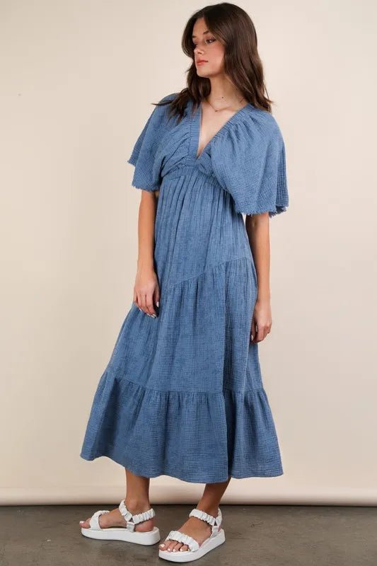 VERY J Mineral Washed Elastic Neck Detail Midi Dress