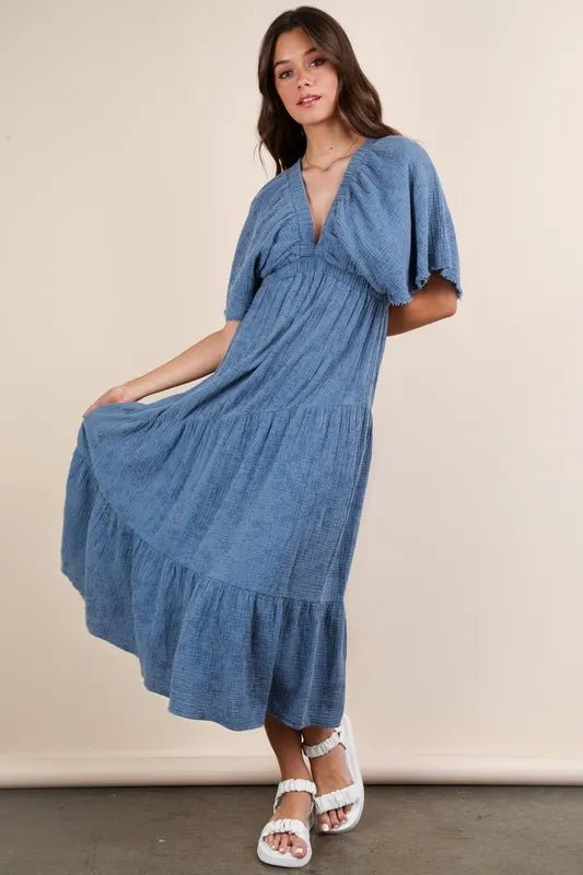 VERY J Mineral Washed Elastic Neck Detail Midi Dress