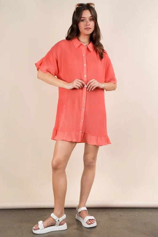 VERY J Pleated Detail Button Down Mini Dress