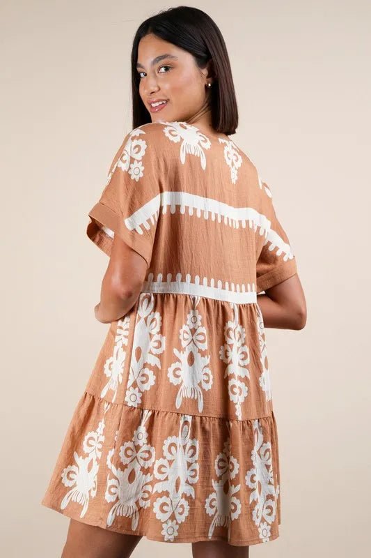 VERY J Plus Size Printed V - Neck Woven Mini Dress