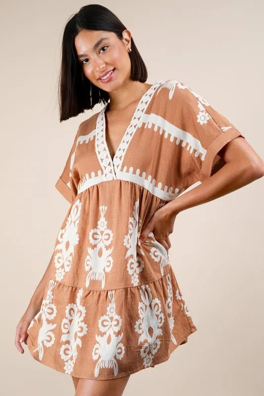 VERY J Plus Size Printed V - Neck Woven Mini Dress