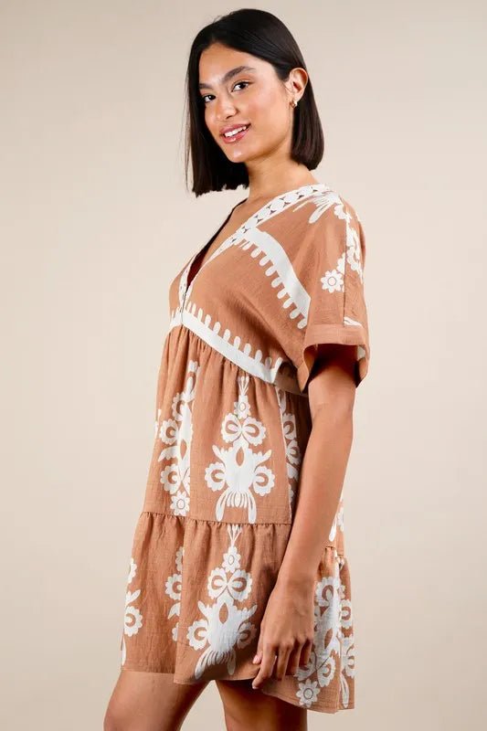 VERY J Plus Size Printed V - Neck Woven Mini Dress