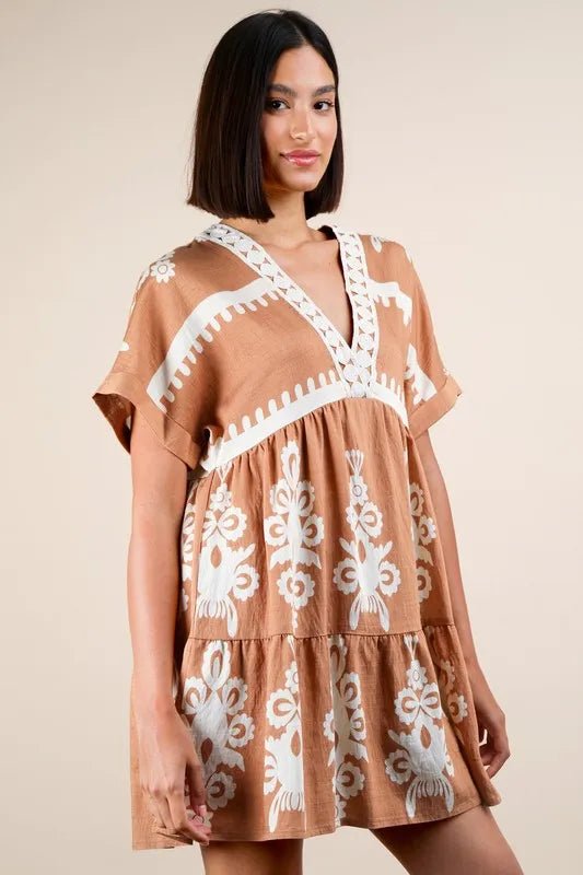 VERY J Plus Size Printed V - Neck Woven Mini Dress