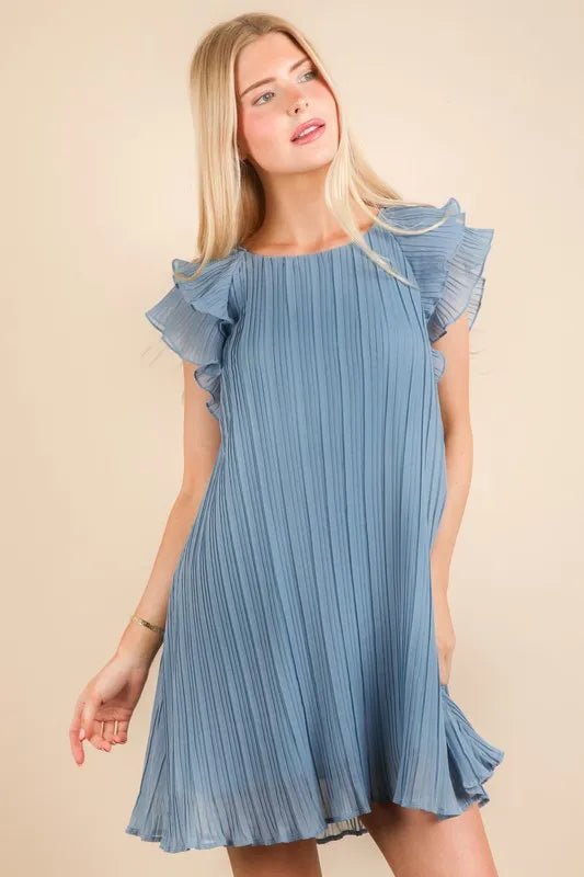VERY J Plus Size Ruffle Sleeve Pleated Woven Mini Dress