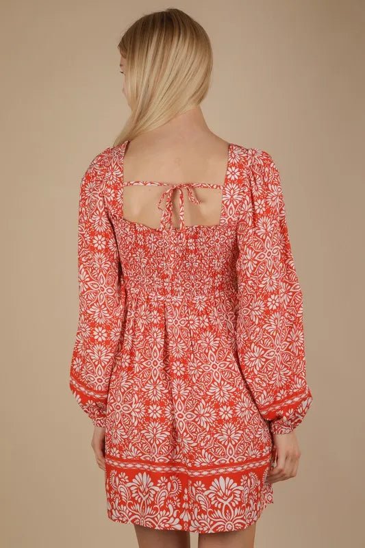 VERY J Printed Smocked Chest Boho Mini Dress