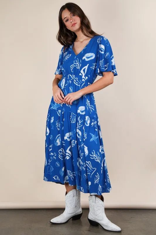 VERY J Printed V - Neck Resort Midi Dress
