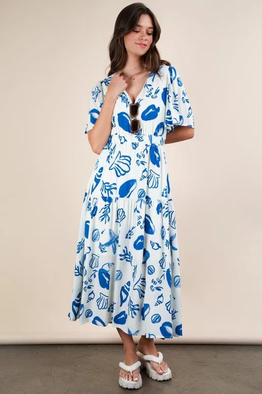 VERY J Printed V - Neck Resort Midi Dress