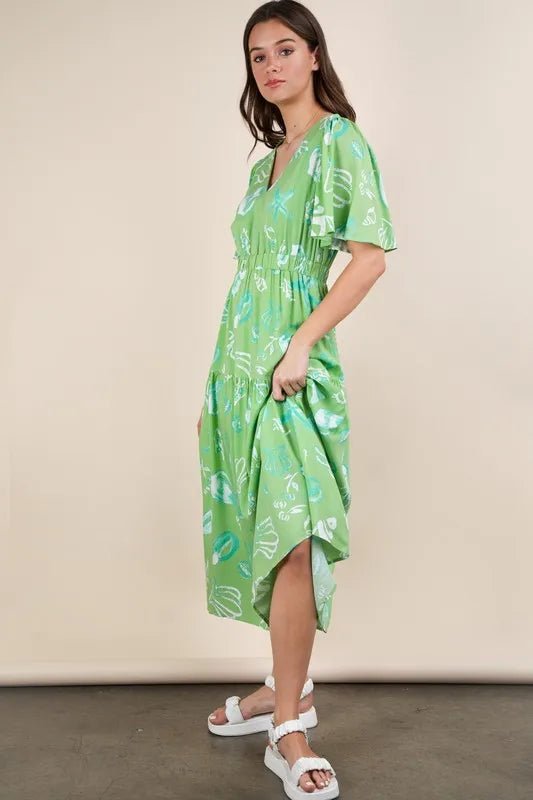VERY J Printed V - Neck Resort Midi Dress